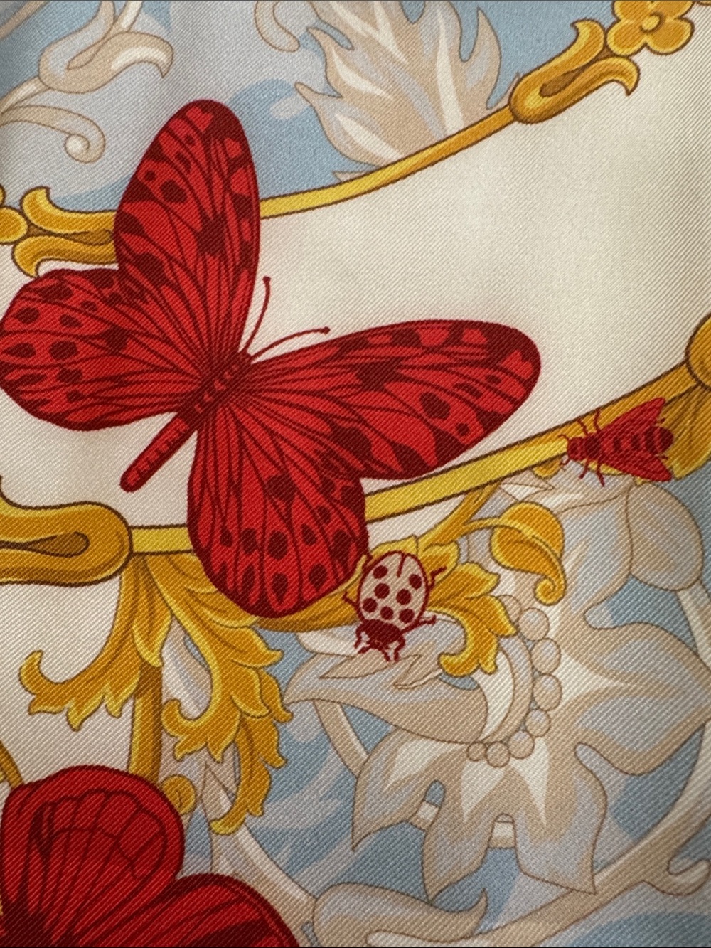 Versace NWT Red & Pale Blue Butterfly Silk Scarf with Gold Accents in BOX - Picture 3 of 12